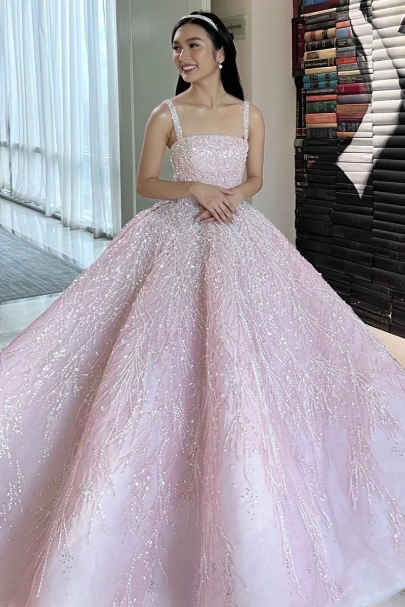 Pink Straps Sequin Beaded Long Ball Gown Quinceanera Dresses