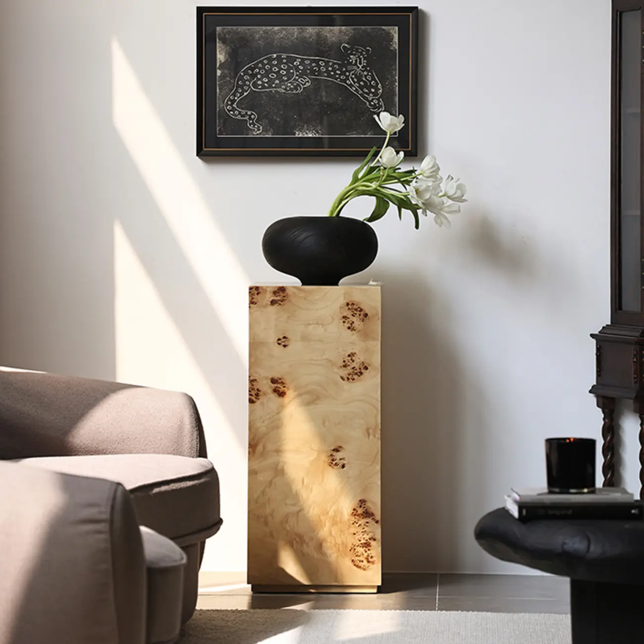 Light Wood Cylinder Sofa Side Table with Block Base