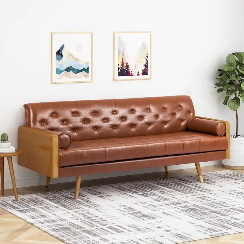 Cognac Brown Mid-Century Tufted 3-Seat Sofa