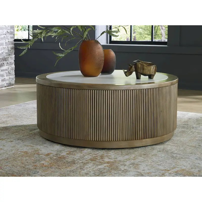 Light Brown/White Round Coffee Table with Casters, 1–2 Person