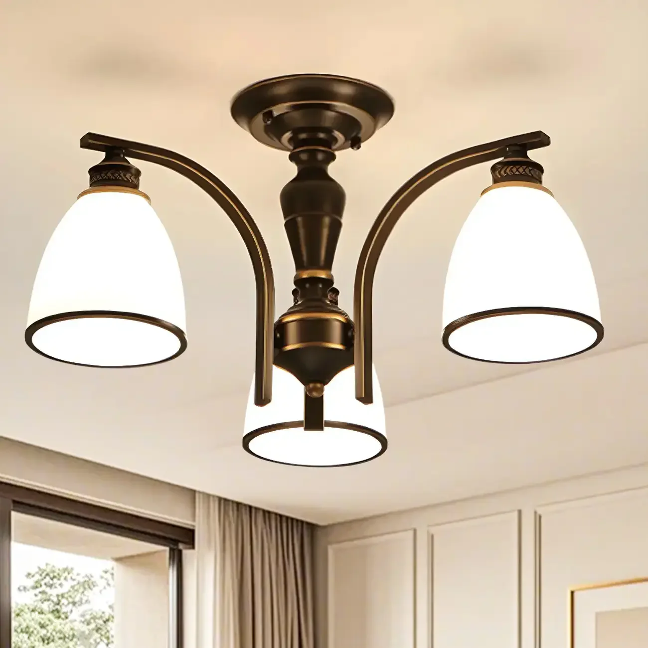 Traditional Black Down Bell Frosted Glass Semi Flush Mount Light