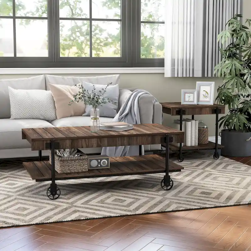 Black Farmhouse Steel 2-Piece Coffee Table Set with Wheels