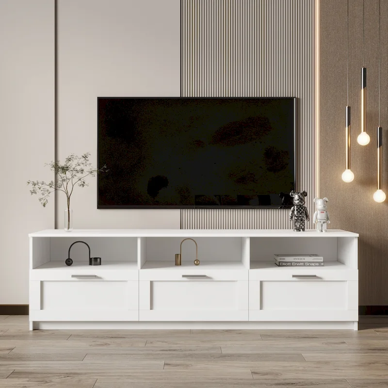 White TV Stand with 3 Drawers and Open Shelves – Fits Up to 80 Inch TVs