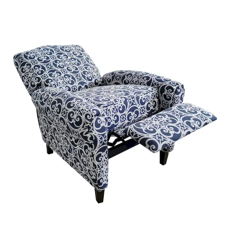 Navy Patterned Push Back Recliner Chair with Rolled Arms