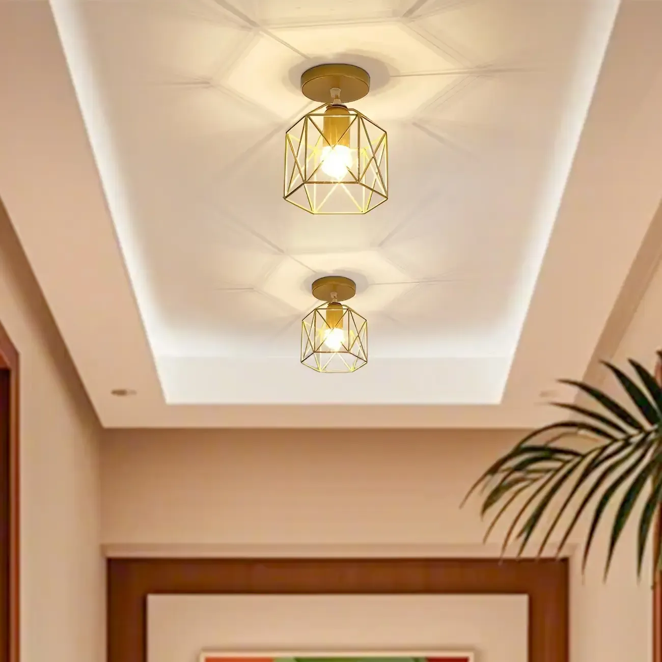 Golden Geometric Metal Industrial Semi Flush Light