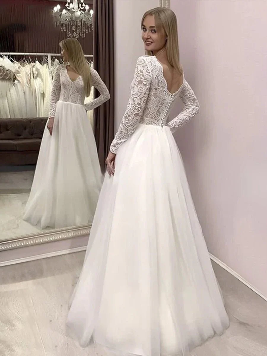 Bohemian Long Sleeves Lace Button Back A Line Modest Wedding Dresses