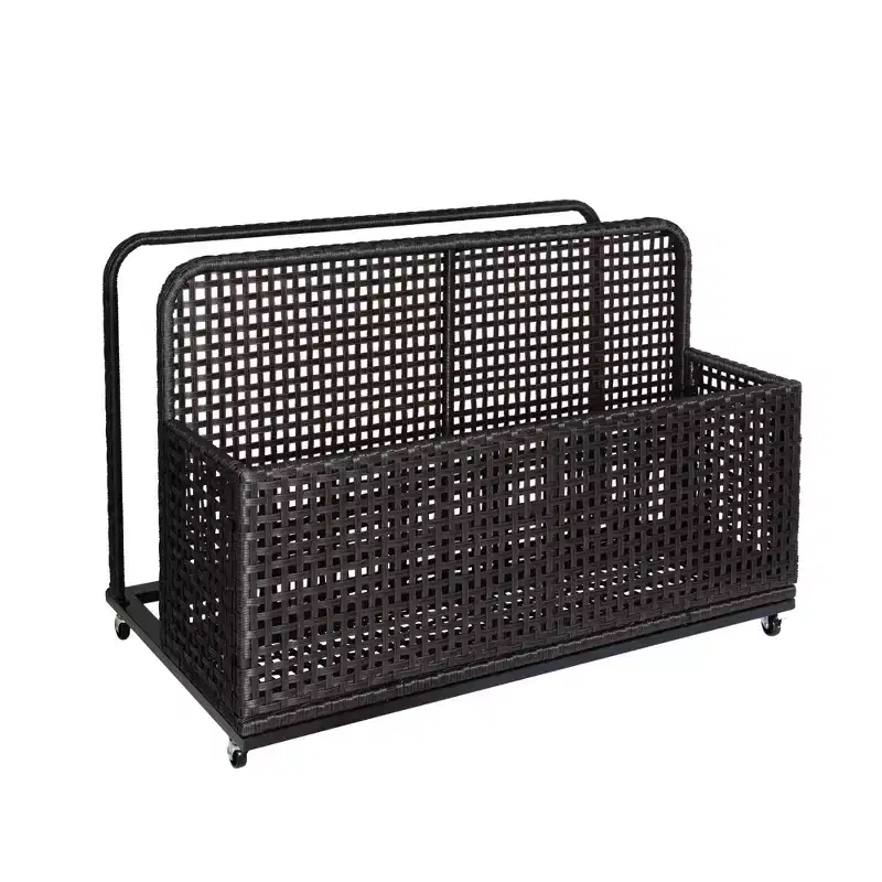 PE Rattan Poolside Float Storage Box with Rolling Wheels, Outdoor Patio Caddy, Sturdy Deck Organizer for Pool Toys, Floats & Beach Accessories, Brown