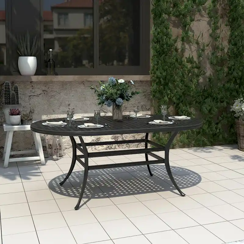 42 Patio Cast Aluminum Oval Dining Table with Umbrella Hole
