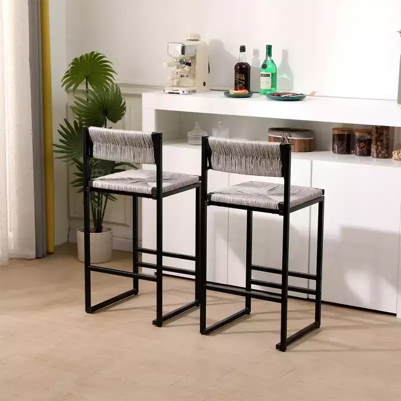 2pcs/set High Bar Stool Chairs Paper Rope Woven Bar Stools Barstools 220lbs Max Weighing Capacity