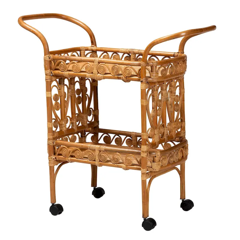 Diwata Modern Bohemian Natural Brown Rattan Kitchen Cart