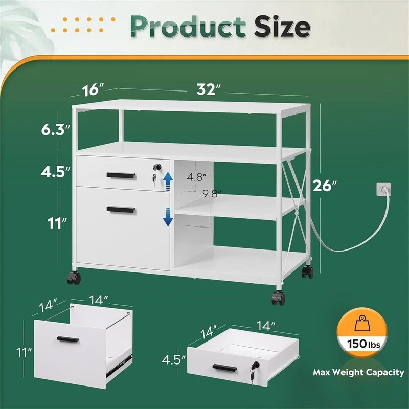 2 Drawer Locking File Cabinet with Charging Station - 15.7 D x 31.7 W x 26.1 H