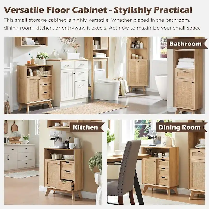 Natural Rattan Small Bathroom Cabinet, Modern Storage Cabinet