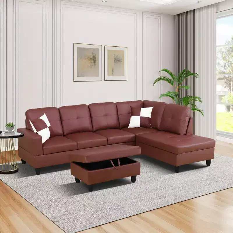 Burgundy Leather Sectional Sofa with Ottoman