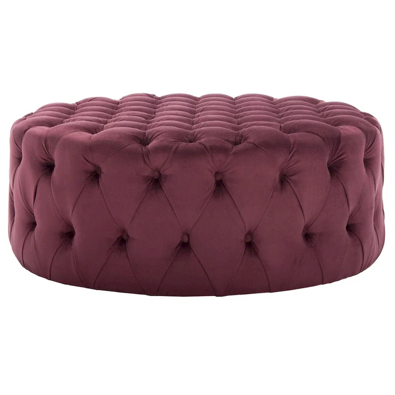 Round Button-Tufted Linen Ottoman – Mushroom / Grey / Antique Gold / Wheat / Bordeaux / Navy / Taupe, Single