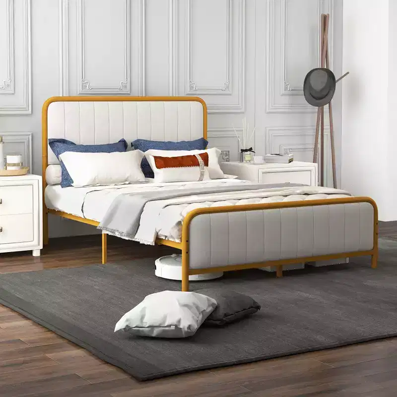 Costway Full Gold Metal Bed Frame Upholstered Platform Bed with Velvet Headboard