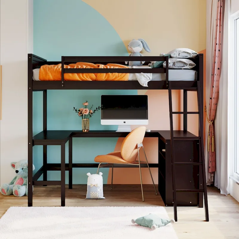 Full Size Loft Bed with Desk & Shelves, Espresso/White/Grey, 1-Person