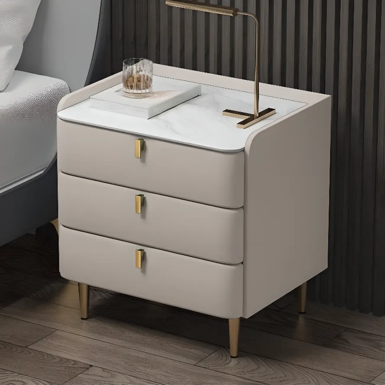 Modern Leather Stone Top Gold Accents 3-Drawer Nightstand