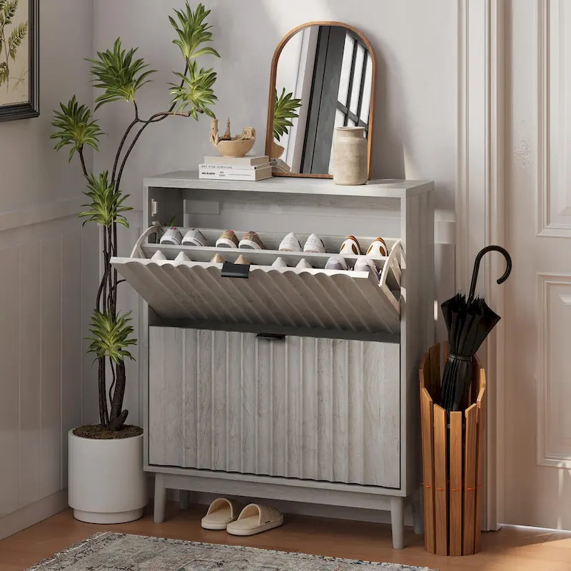 Gray Fluted Shoe Cabinet with 2 Flip-Down Drawers & Solid Wood Legs, for 1–2 Person