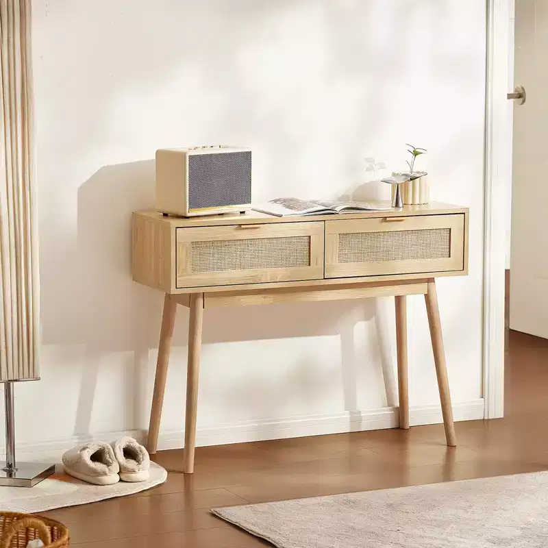 VEVOR Rattan Console Table with 2 Storage Drawers, Rattan Entryway Table with Natural Rattan Sliding Door, Console Sofa Table, Natural