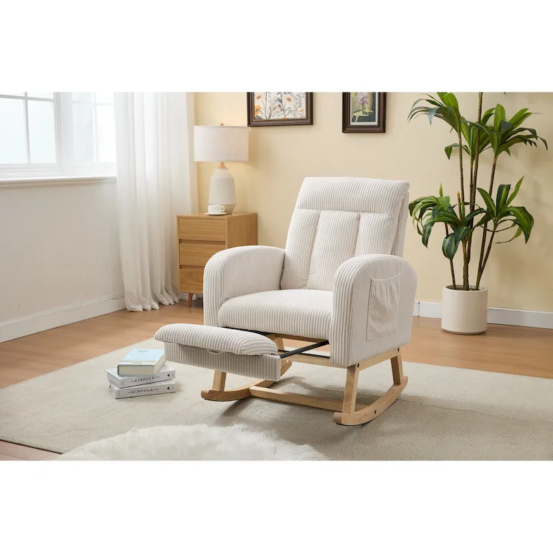 Accent Rocking Chair with Solid Wood Legs, Upholstered Nursery Glider Rocker, Comfy Armchair with Side Pocket