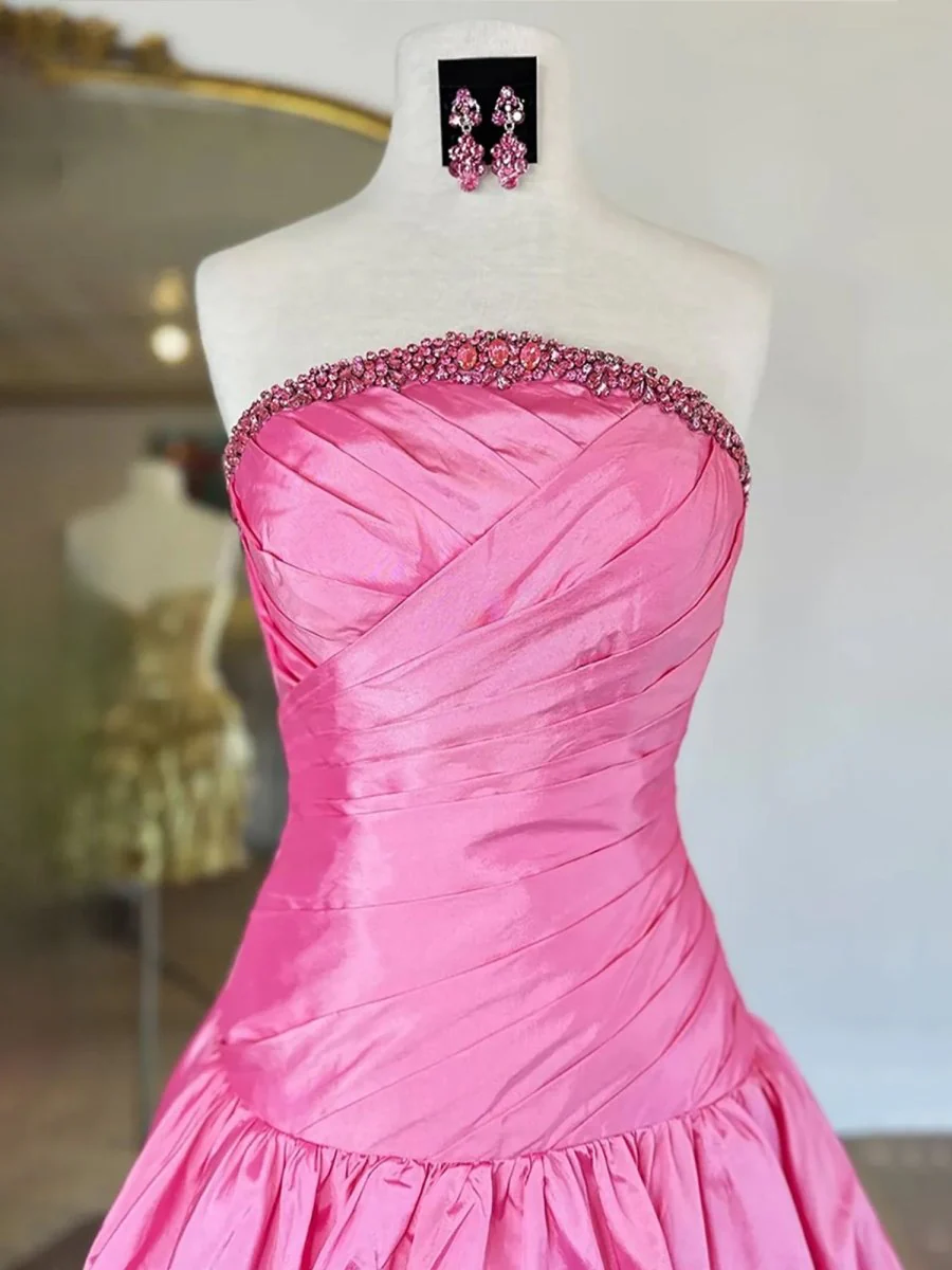 Pink - Strapless A Line Satin Pleated Homecoming Dress With Beading