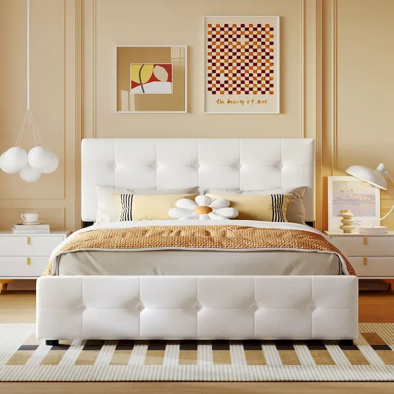 Queen Upholstered Platform Bed with Classic Headboard and 4 Drawers, No Box Spring Needed, Linen Fabric