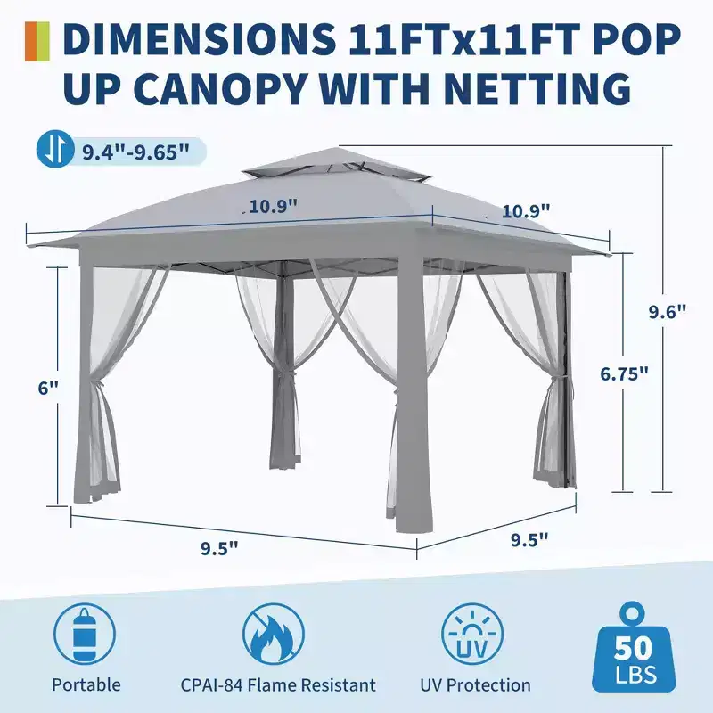 11x11 Pop-Up Instant Gazebo Tent with Mosquito Netting, Waterproof Outdoor Canopy Shelter for Backyard & Patio, Includes Portable Carrying Bag