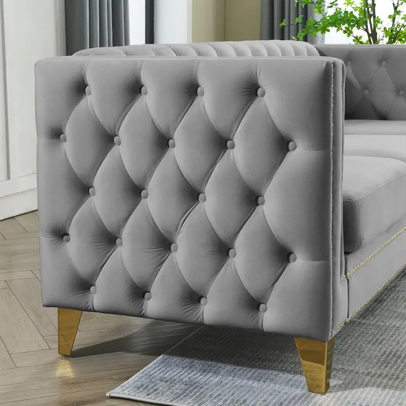 Velvet Upholstered 3 Seat Sofa,  Tufted Square Arm Sofa with Nailheads and Metal Legs