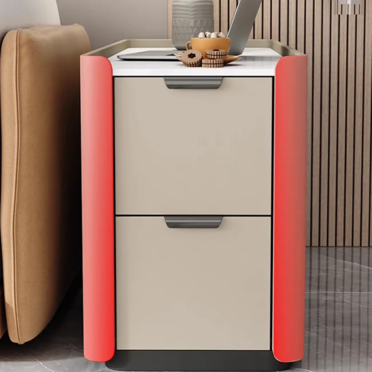 Compact Khaki Stone Top 2-Drawer Wood Block Side Table