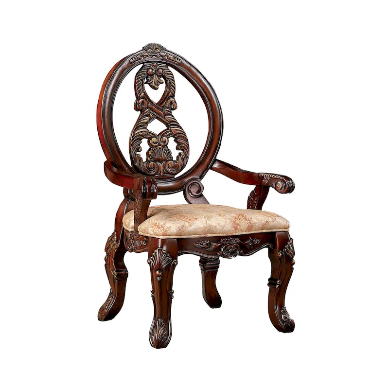 28 Inch Dining Side Chair Set of 2, Brown Wood Carved Back, Beige Fabric
