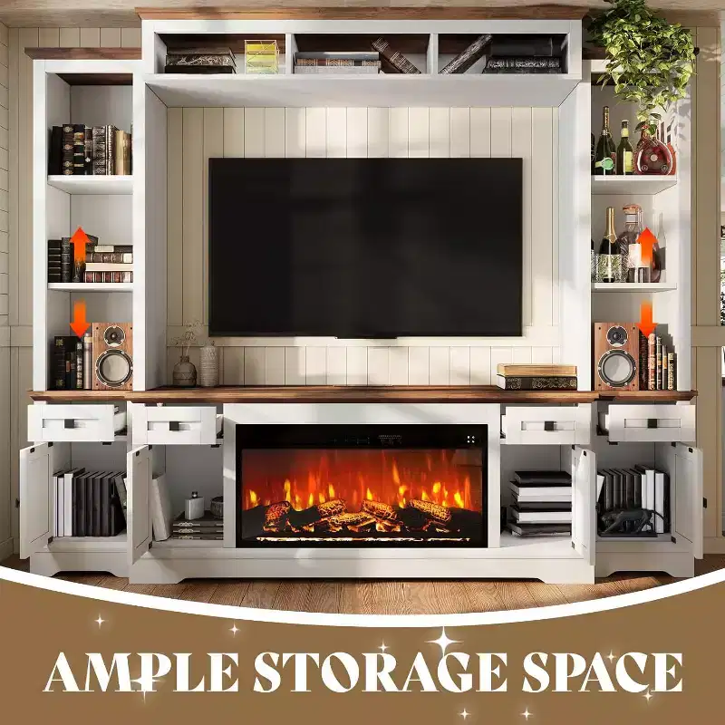 Gray & White Farmhouse Entertainment Center with Fireplace, Fits up to 78