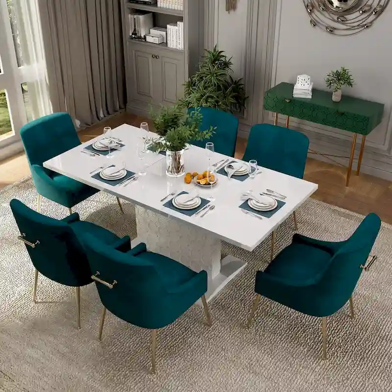 7-Piece Clihome High-gloss Extendable Table Velvet Chair Dining Set