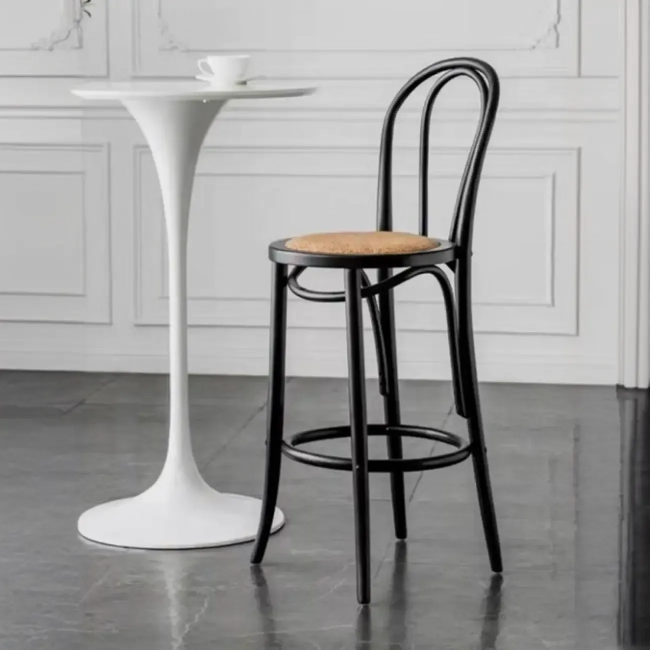 Walnut Beech Wood Leather Seat Bar Stools with Back