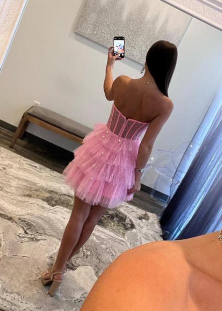 A Line Black Strapless Tiered Homecoming Dress