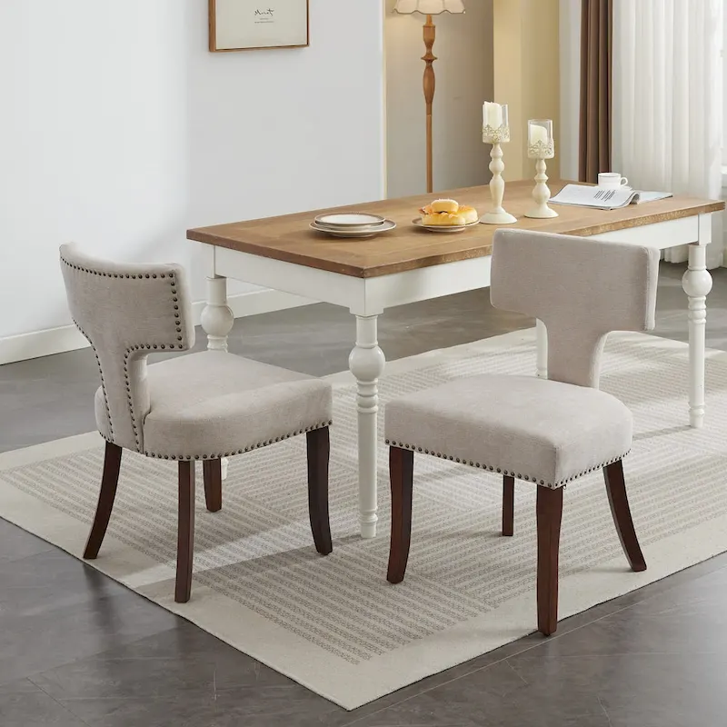 Modern Dining Chairs, Linen Fabric Upholstered Accent Chair Curved Backrest Kitchen Chairs with Rubberwood Frame