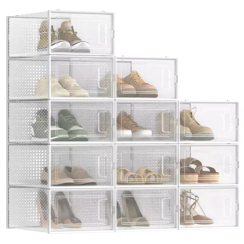 SONGMICS Shoe Boxes, Pack of 12 Shoe Storage Organizers, Stackable Clear Plastic Boxes 9.1 x 13.1 x 5.6 Inches, Fit up to US Size 11