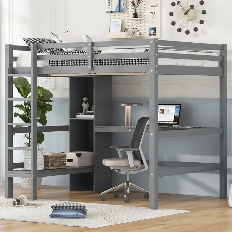 Full Size Loft Bed with Bulit-in Desk and Multifunction Storage Shelves, Wooden Loft Bedframe with Ladder and Guardrail