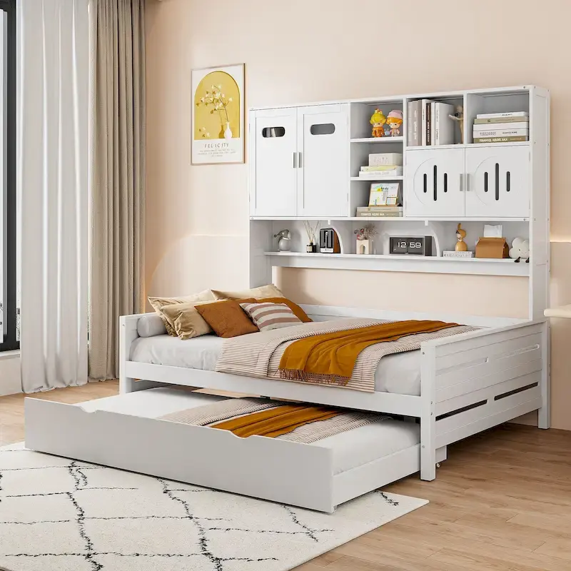 Full Size Daybed with Twin Size Trundle, Solid Wood Day Bed Frame w/All-in-One Cabinet and Shelf Compact Bedroom Daybed