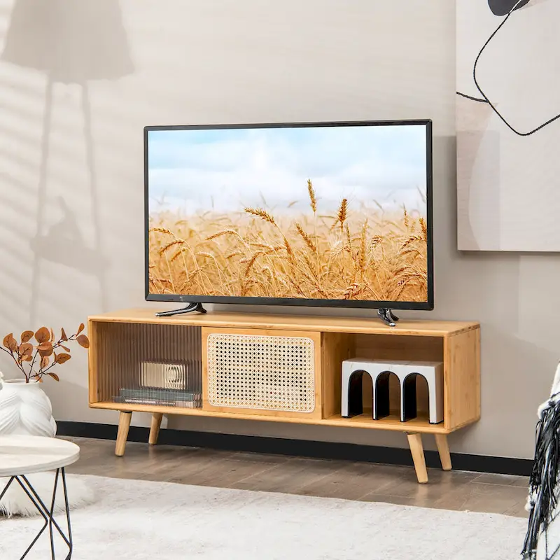 Mid-Century TV Stand with Rattan Sliding Doors, Brown/Natural, 47.5