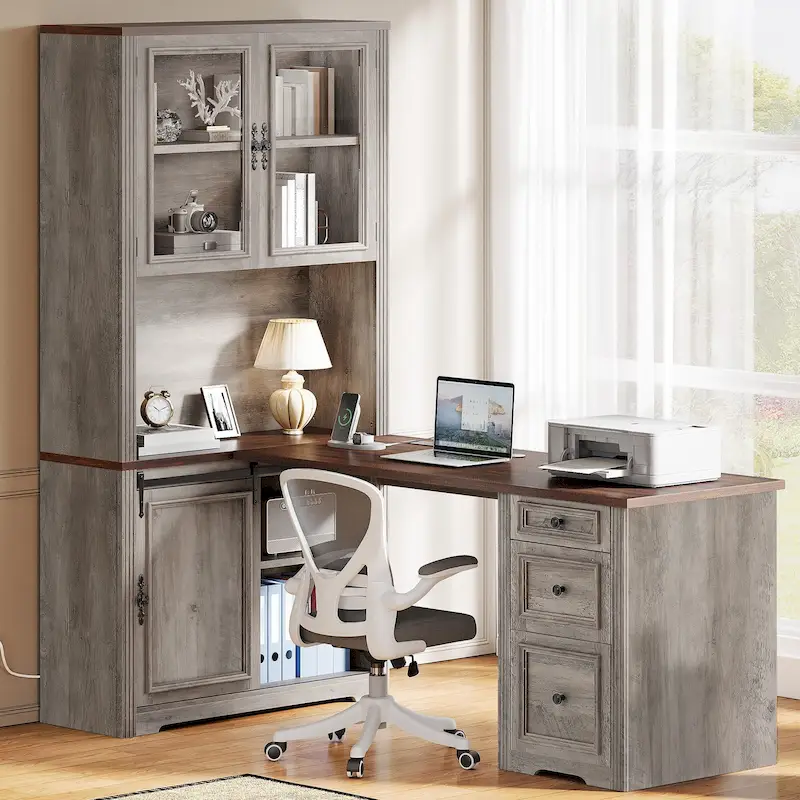 Farmhouse Office Desk Corner Computer Desk with Hutch and Drawers