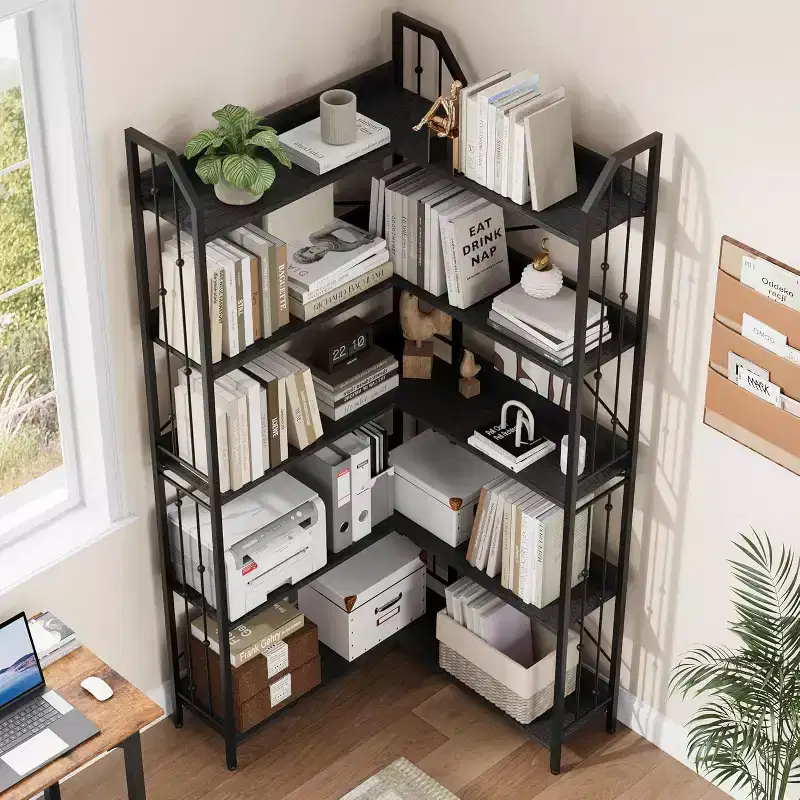 72-Inch L-Shaped Corner Bookcase, 5-Tier Tall Shelf with Beaded Design, Large Display Storage for Living Room or Bedroom, Black Finish