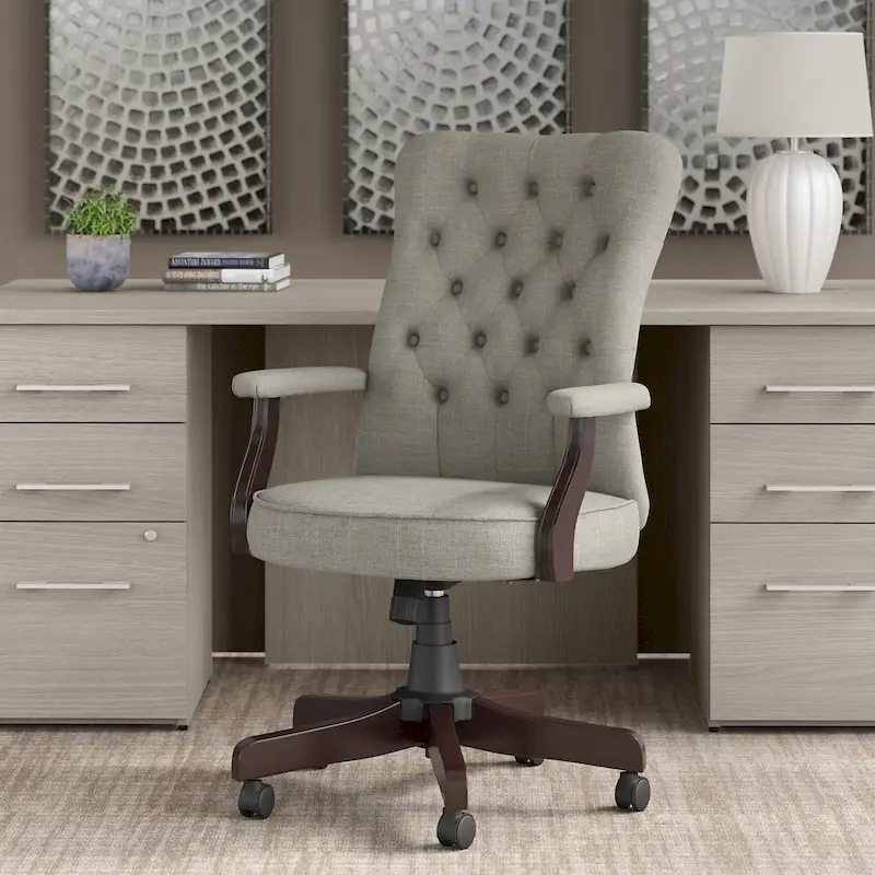 High Back Tufted Office Chair with Arms - Espresso Wood Base
