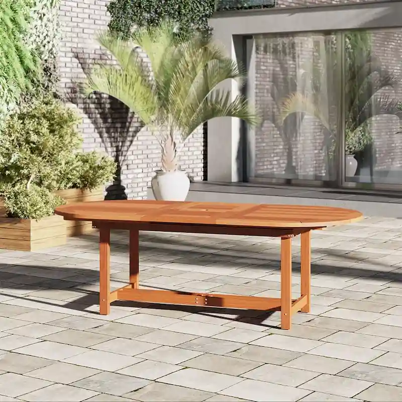 Amazonia Brown Oval Eucalyptus Wood Outdoor Dining Table with Extension - 71 in. L x 43 in. W x 29 in. H