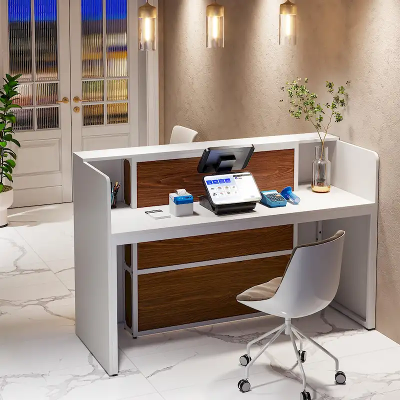 Reception Desk Front Desk with LED Lights,Large Reception Counter Table with Private Panels