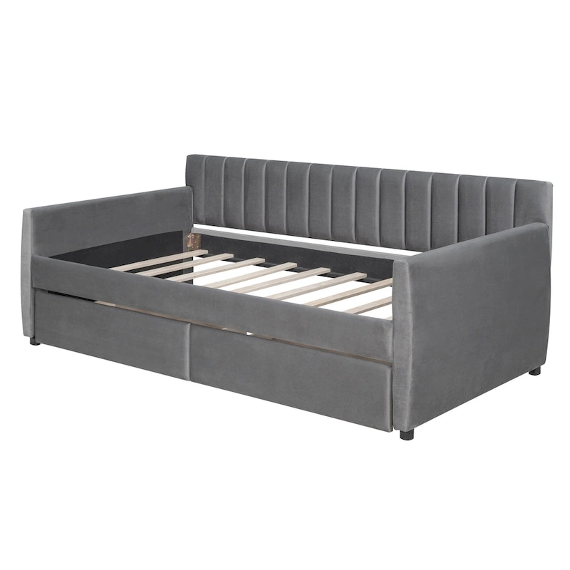 Velvet Daybed with Trundle & Wood Slats