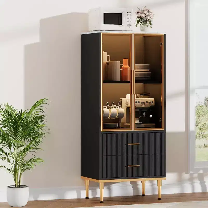 Fluted Storage Cabinet - Glass Door & 2 Drawers, Adjustable Shelves for Living Room, Office & Kitchen