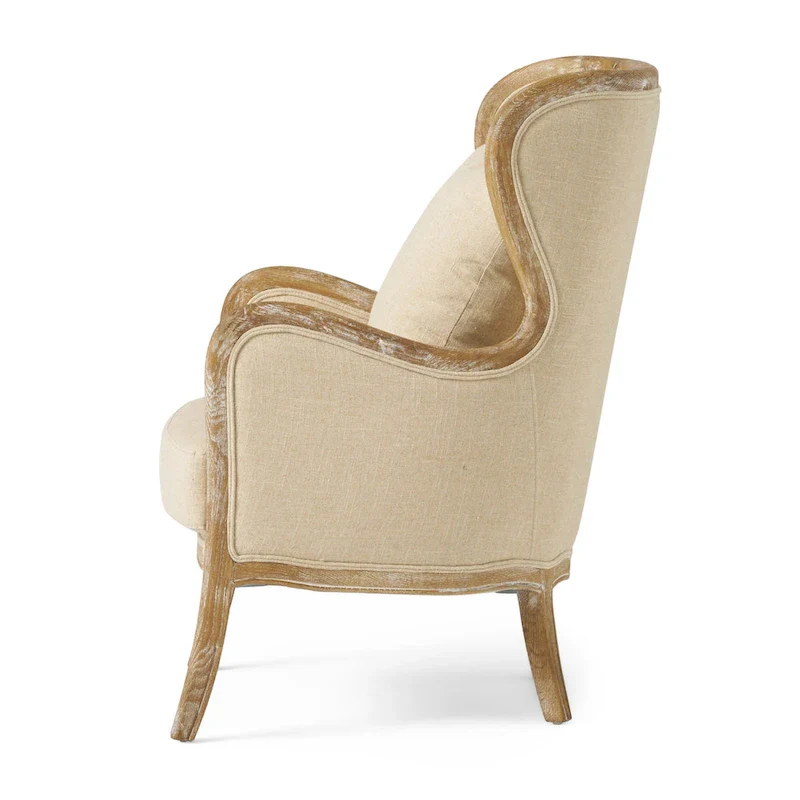 Beige Wing Chair with Oak Frame - Single Seat
