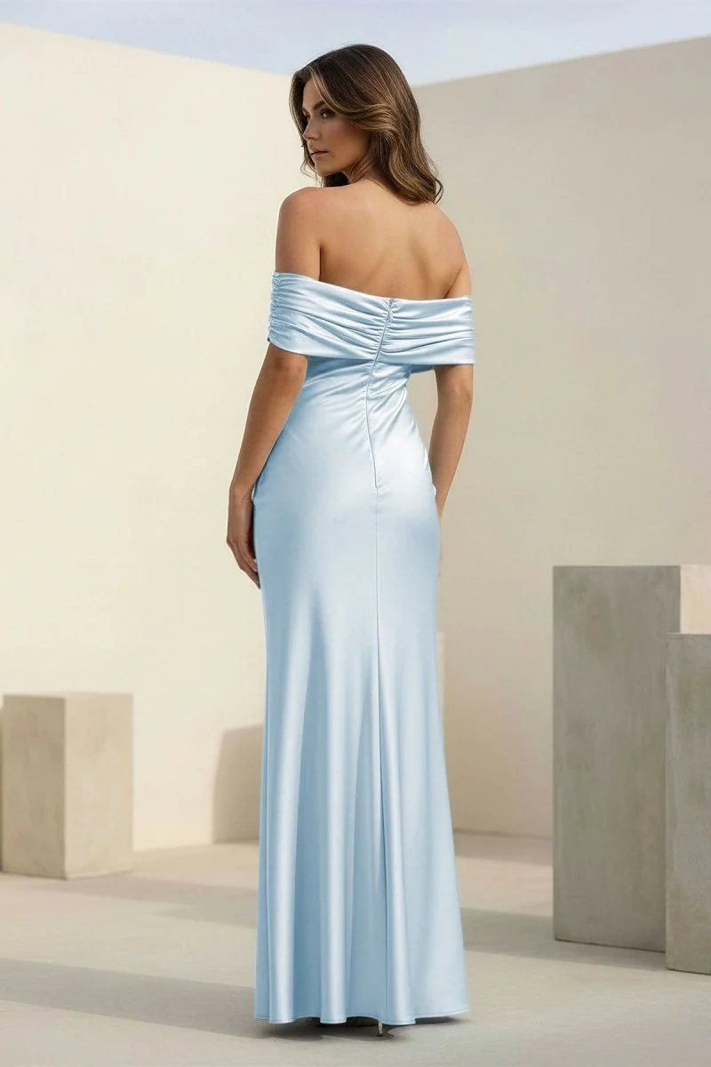Aqua Sheath Off The Shoulder Satin Long Prom Dresses