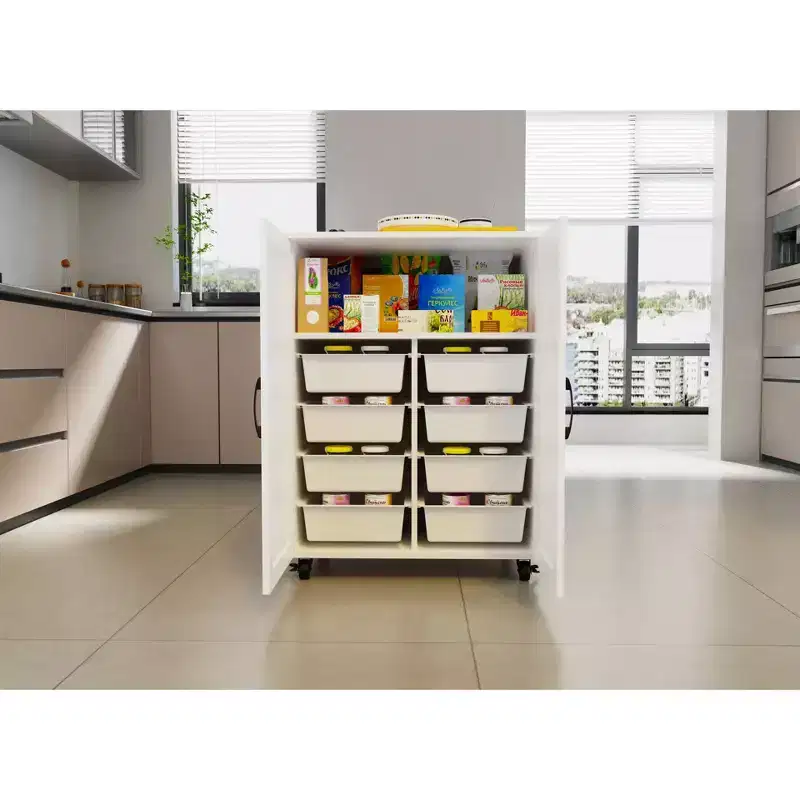 Okak Farmhouse Kitchen Island with 2 Cabinet Doors, Kitchen Cart with Ample Storage Space, Kitchen Island On Wheels for Kitchen, Dining Room, White