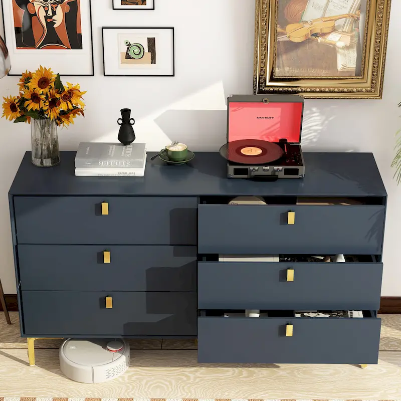 55.1W 6-Drawer Double Dresser Black Gold Storage Cabinet Chest